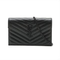 Second hand Saint Laurent Cassandre Classic Grained Calfskin Leather Chevron Quilted Wallet on Chain Shoulder Bag Black - Tabita Bags