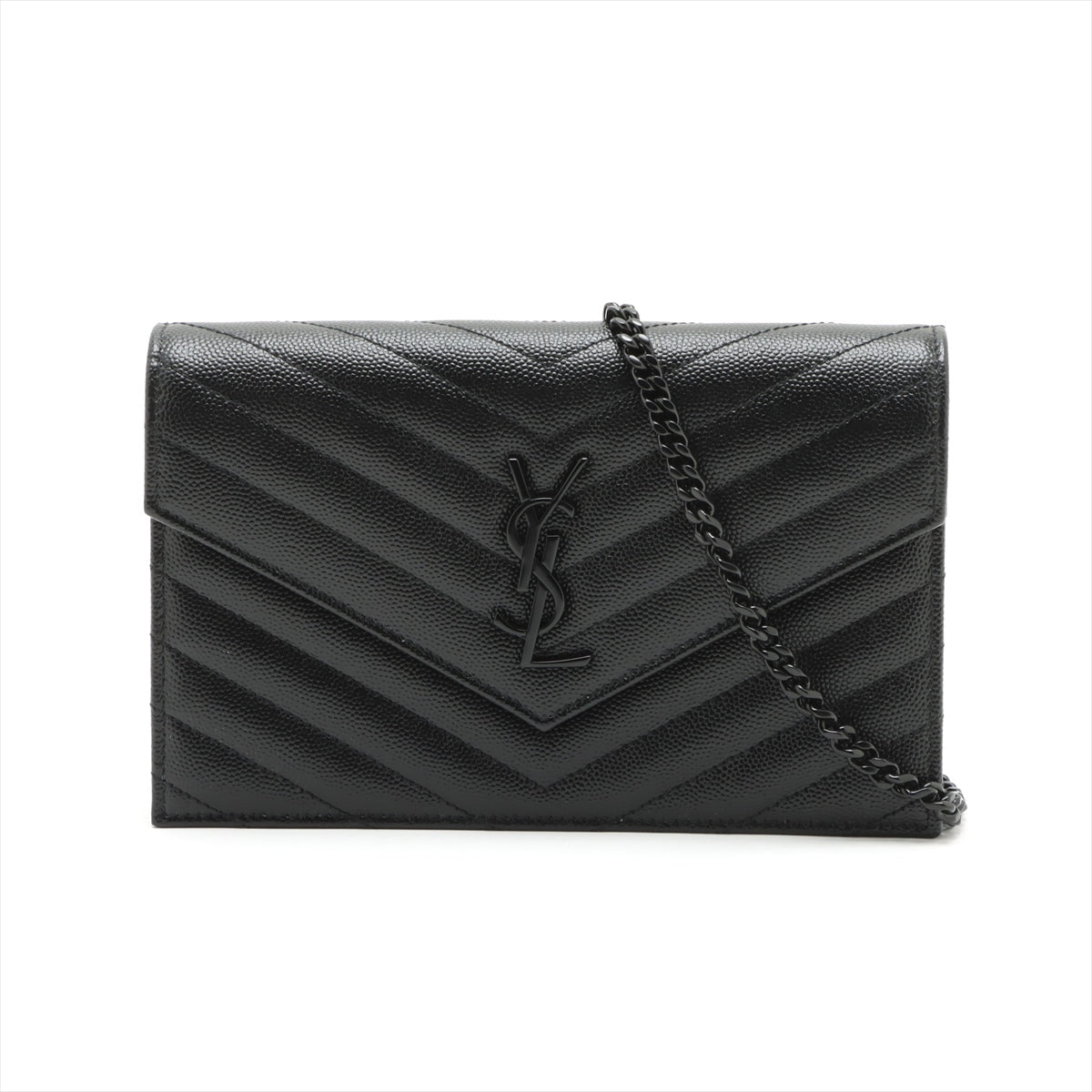 Second hand Saint Laurent Cassandre Classic Grained Calfskin Leather Chevron Quilted Wallet on Chain Shoulder Bag Black - Tabita Bags