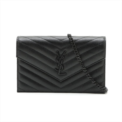 Second hand Saint Laurent Cassandre Classic Grained Calfskin Leather Chevron Quilted Wallet on Chain Shoulder Bag Black - Tabita Bags