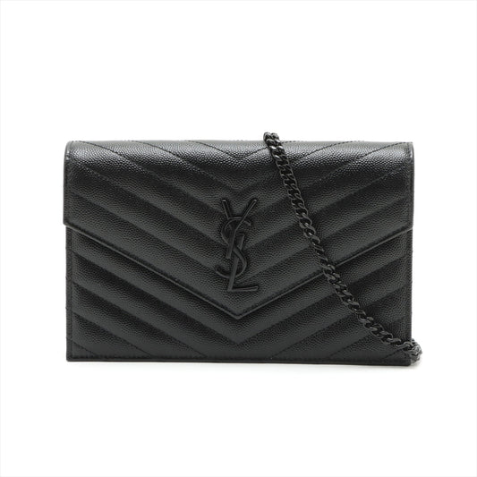 Second hand Saint Laurent Cassandre Classic Grained Calfskin Leather Chevron Quilted Wallet on Chain Shoulder Bag Black - Tabita Bags
