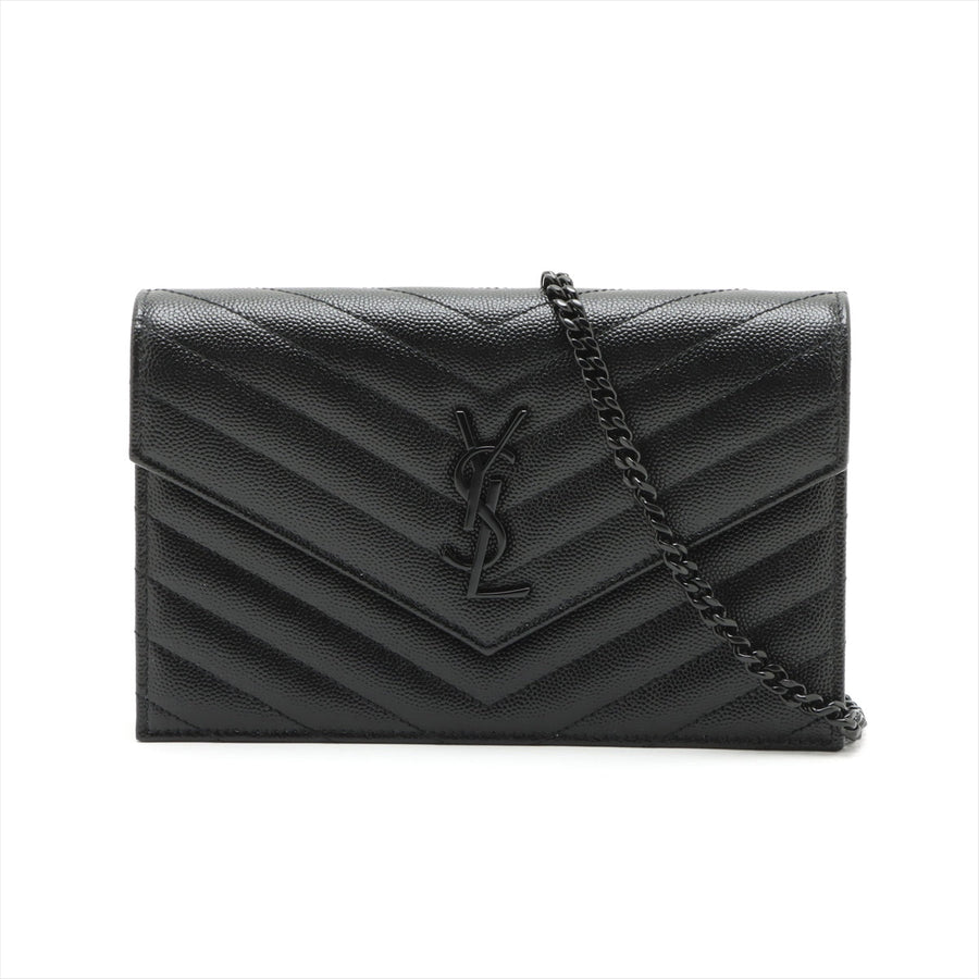 Second hand Saint Laurent Cassandre Classic Grained Calfskin Leather Chevron Quilted Wallet on Chain Shoulder Bag Black - Tabita Bags