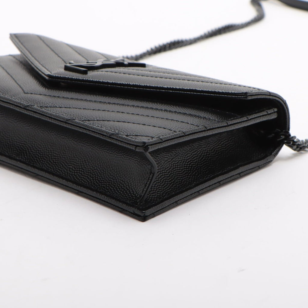 Second hand Saint Laurent Cassandre Classic Grained Calfskin Leather Chevron Quilted Wallet on Chain Shoulder Bag Black - Tabita Bags