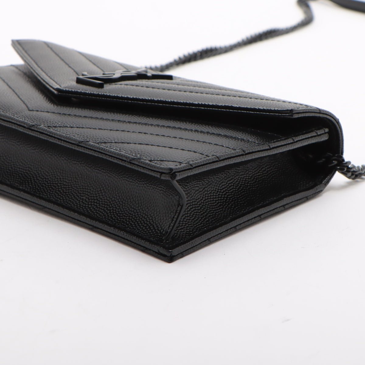 Second hand Saint Laurent Cassandre Classic Grained Calfskin Leather Chevron Quilted Wallet on Chain Shoulder Bag Black - Tabita Bags