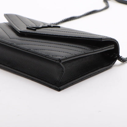 Second hand Saint Laurent Cassandre Classic Grained Calfskin Leather Chevron Quilted Wallet on Chain Shoulder Bag Black - Tabita Bags