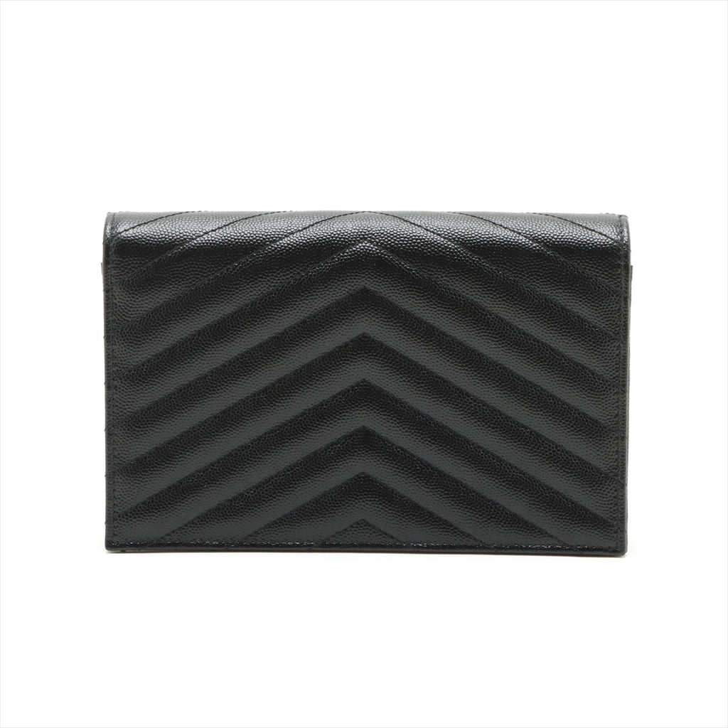 Second hand Saint Laurent Cassandre Classic Grained Calfskin Leather Chevron Quilted Wallet on Chain Shoulder Bag Black - Tabita Bags