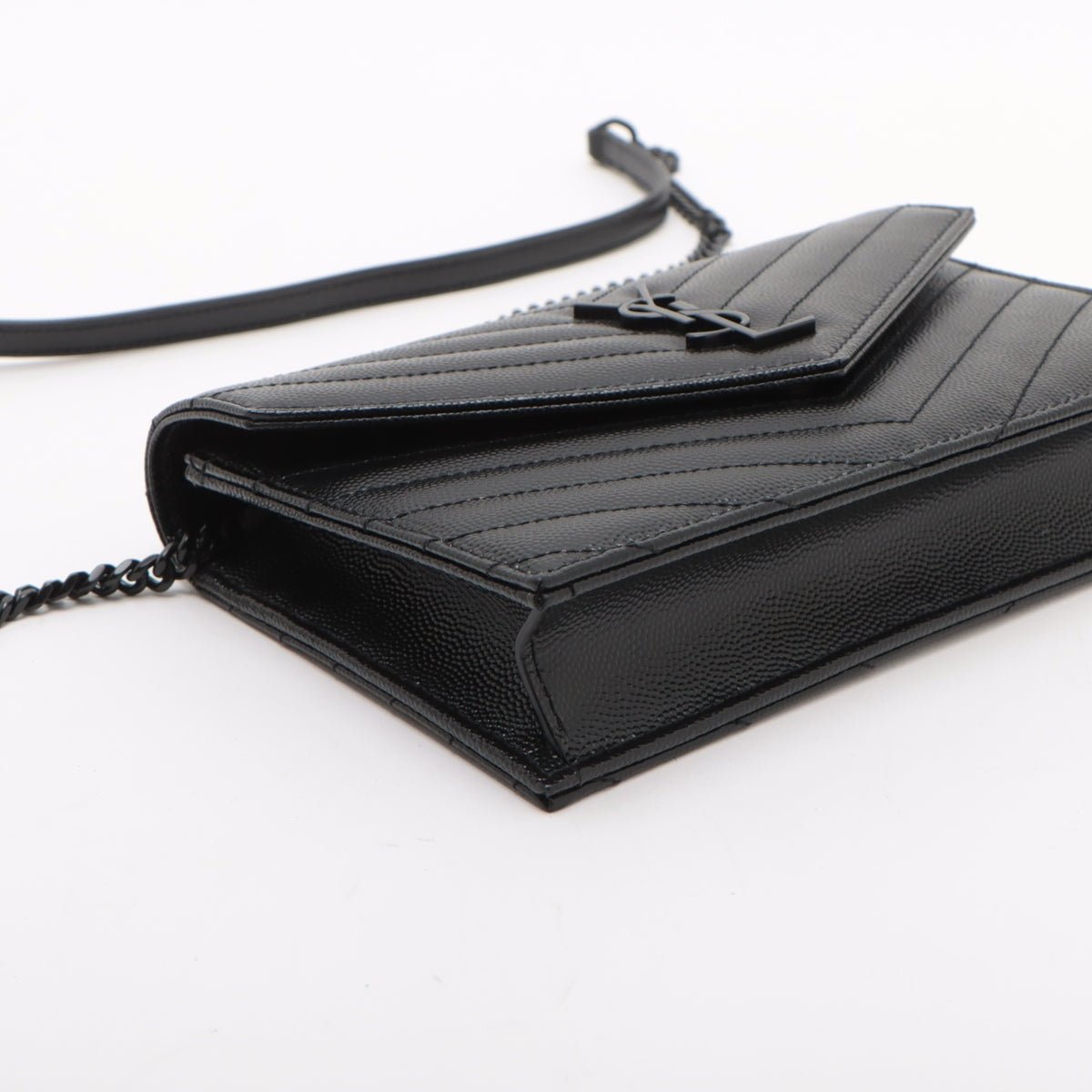 Second hand Saint Laurent Cassandre Classic Grained Calfskin Leather Chevron Quilted Wallet on Chain Shoulder Bag Black - Tabita Bags