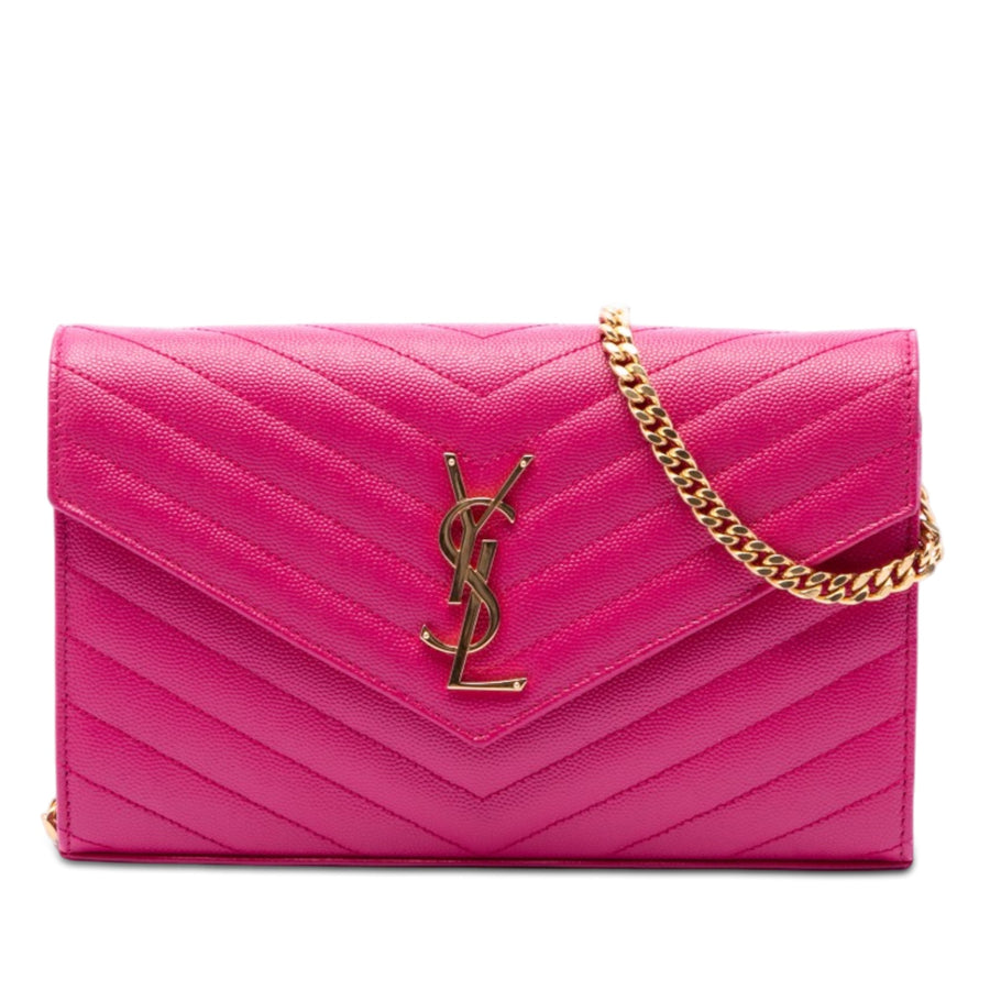Second hand Saint Laurent Cassandre Classic Grained Calfskin Leather Chevron Quilted Wallet on Chain Shoulder Bag Pink - Tabita Bags