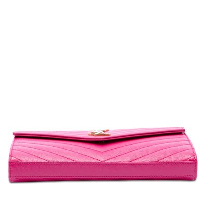 Second hand Saint Laurent Cassandre Classic Grained Calfskin Leather Chevron Quilted Wallet on Chain Shoulder Bag Pink - Tabita Bags