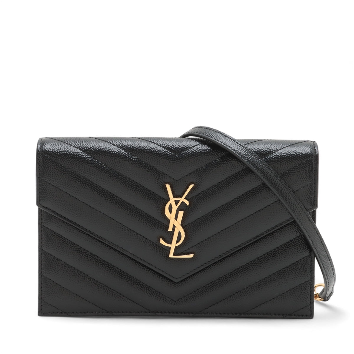 Second hand Saint Laurent Cassandre Envelope Grained Calfskin Leather Chevron Quilted Wallet on Chain Shoulder Bag Black - Tabita Bags