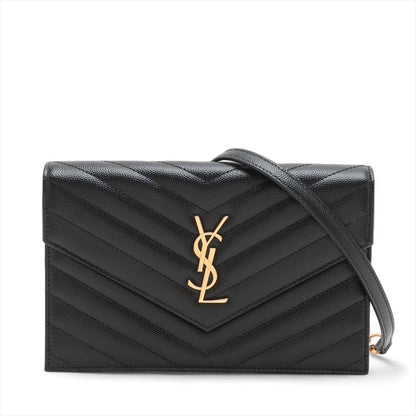 Second hand Saint Laurent Cassandre Envelope Grained Calfskin Leather Chevron Quilted Wallet on Chain Shoulder Bag Black - Tabita Bags