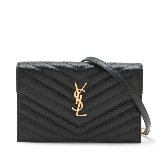 Second hand Saint Laurent Cassandre Envelope Grained Calfskin Leather Chevron Quilted Wallet on Chain Shoulder Bag Black - Tabita Bags