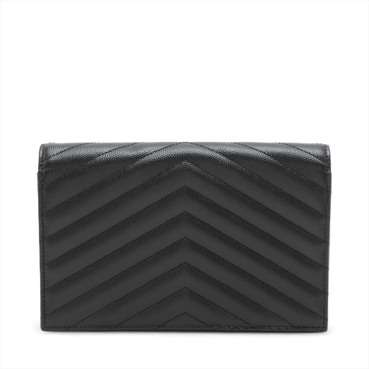 Second hand Saint Laurent Cassandre Envelope Grained Calfskin Leather Chevron Quilted Wallet on Chain Shoulder Bag Black - Tabita Bags