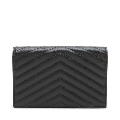 Second hand Saint Laurent Cassandre Envelope Grained Calfskin Leather Chevron Quilted Wallet on Chain Shoulder Bag Black - Tabita Bags