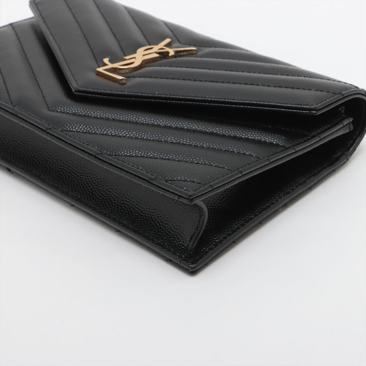 Second hand Saint Laurent Cassandre Envelope Grained Calfskin Leather Chevron Quilted Wallet on Chain Shoulder Bag Black - Tabita Bags