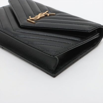 Second hand Saint Laurent Cassandre Envelope Grained Calfskin Leather Chevron Quilted Wallet on Chain Shoulder Bag Black - Tabita Bags