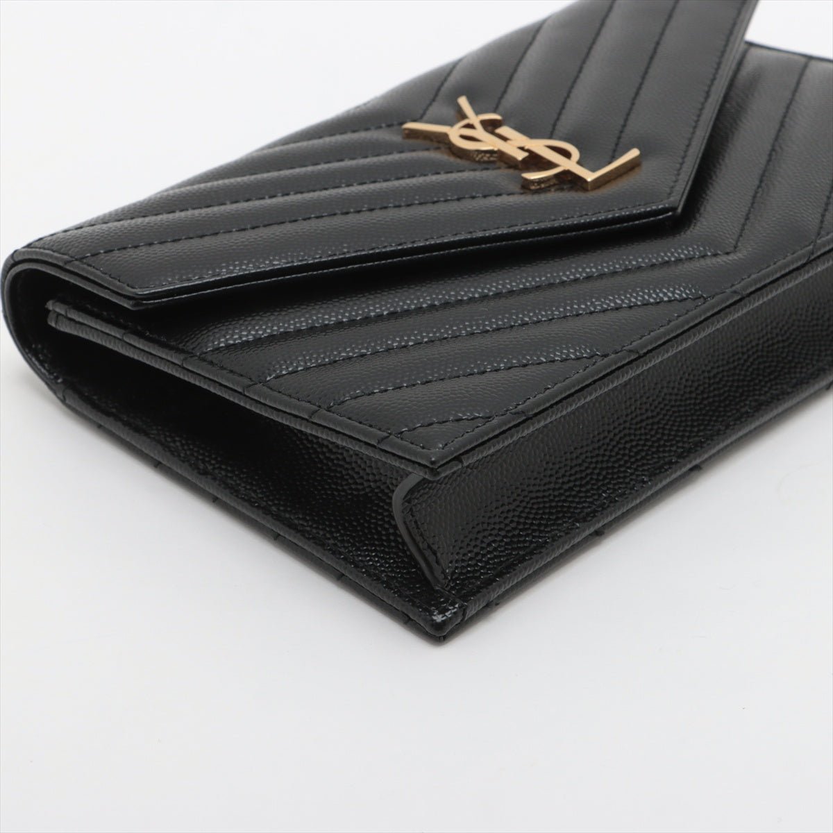 Second hand Saint Laurent Cassandre Envelope Grained Calfskin Leather Chevron Quilted Wallet on Chain Shoulder Bag Black - Tabita Bags