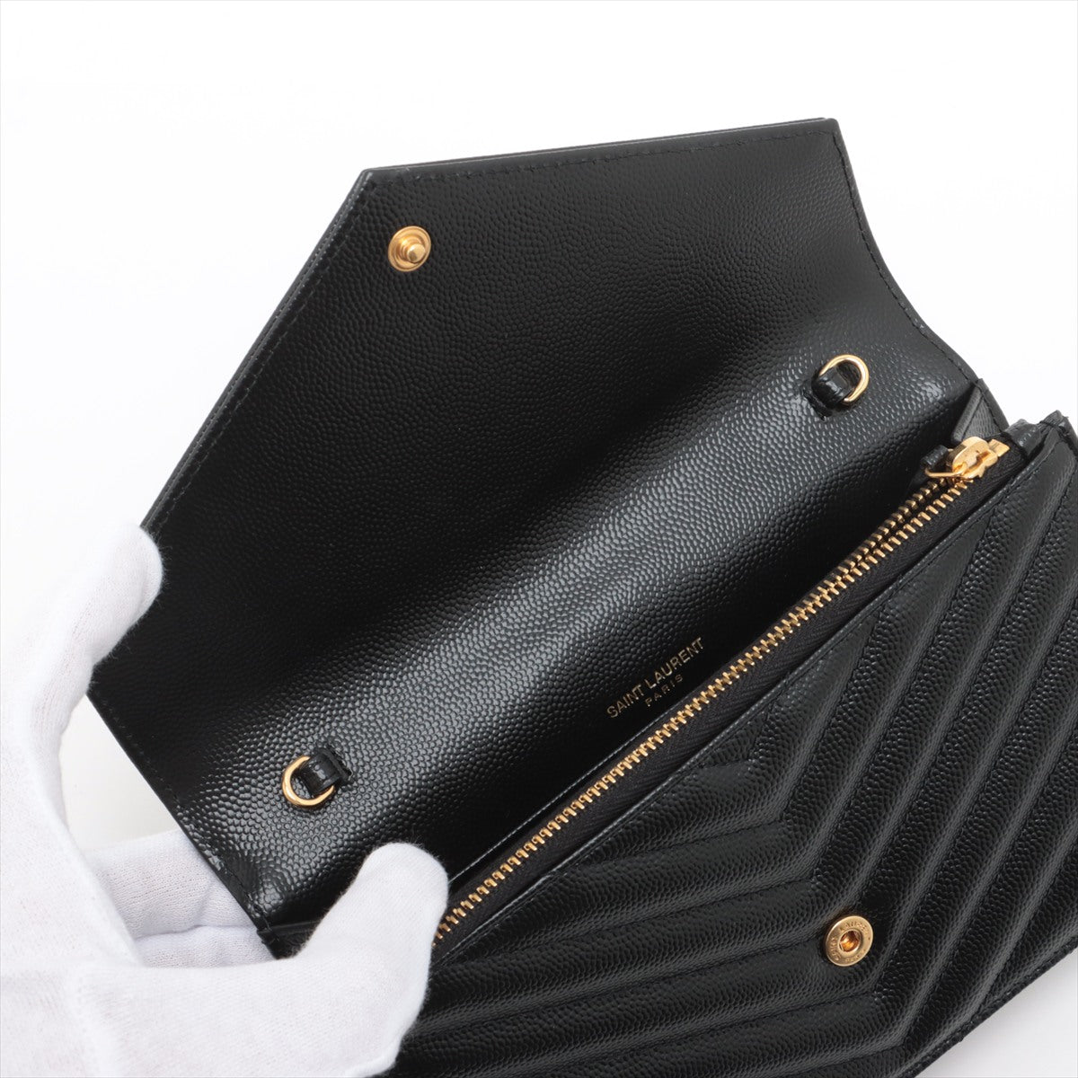 Second hand Saint Laurent Cassandre Envelope Grained Calfskin Leather Chevron Quilted Wallet on Chain Shoulder Bag Black - Tabita Bags