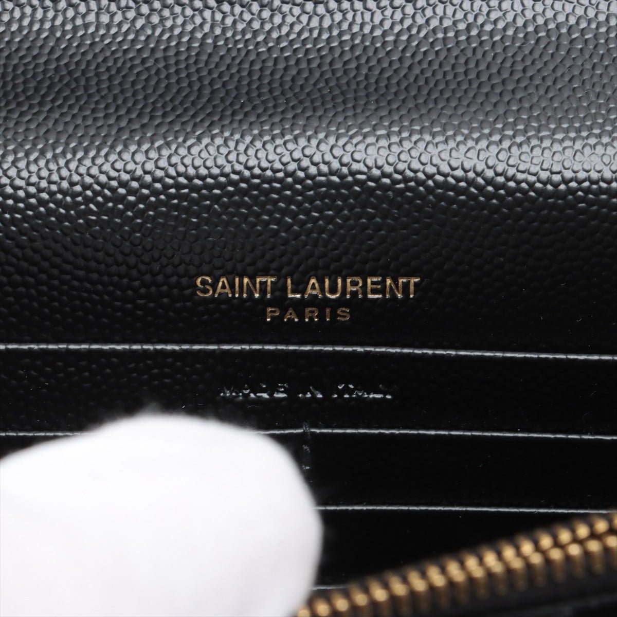 Second hand Saint Laurent Cassandre Envelope Grained Calfskin Leather Chevron Quilted Wallet on Chain Shoulder Bag Black - Tabita Bags
