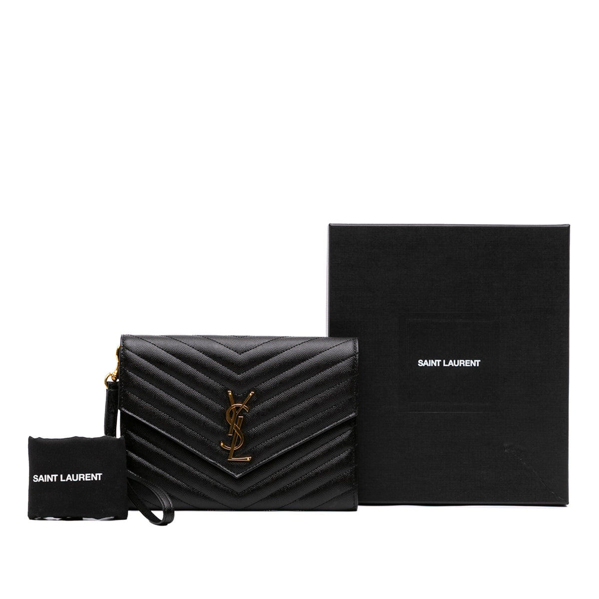 Second hand Saint Laurent Cassandre Envelope Grained Leather Chevron Quilted Pouch Handbag Black - Tabita Bags