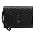 Second hand Saint Laurent Cassandre Envelope Grained Leather Chevron Quilted Pouch Handbag Black - Tabita Bags