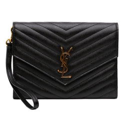 Second hand Saint Laurent Cassandre Envelope Grained Leather Chevron Quilted Pouch Handbag Black - Tabita Bags