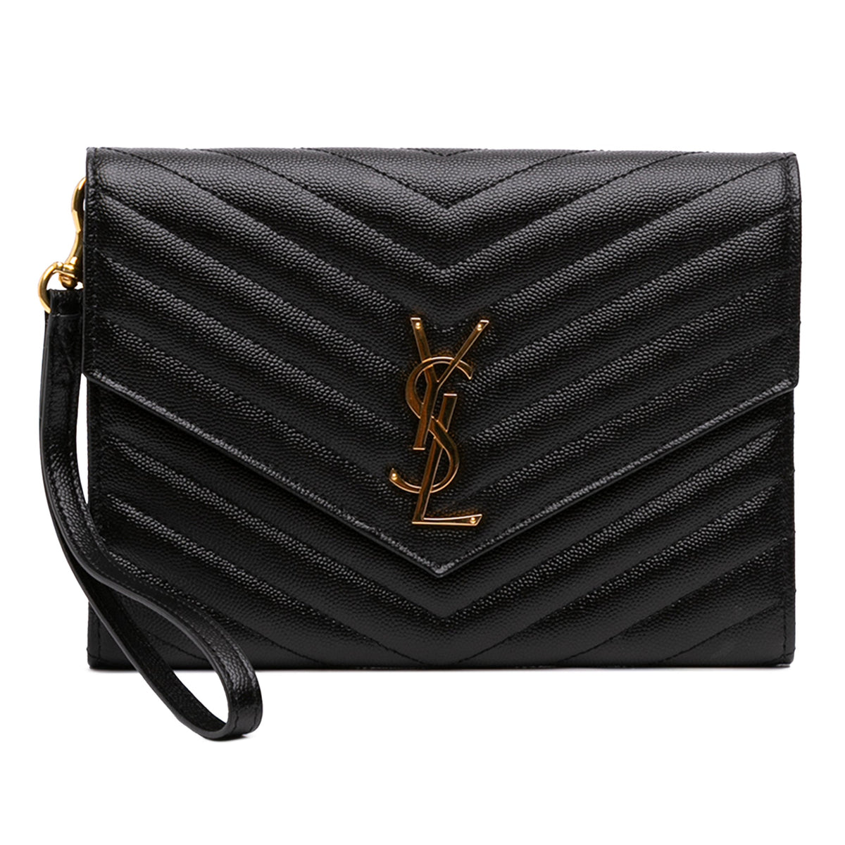 Second hand Saint Laurent Cassandre Envelope Grained Leather Chevron Quilted Pouch Handbag Black - Tabita Bags