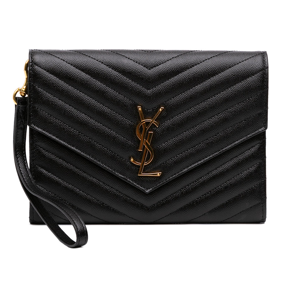 Second hand Saint Laurent Cassandre Envelope Grained Leather Chevron Quilted Pouch Handbag Black - Tabita Bags
