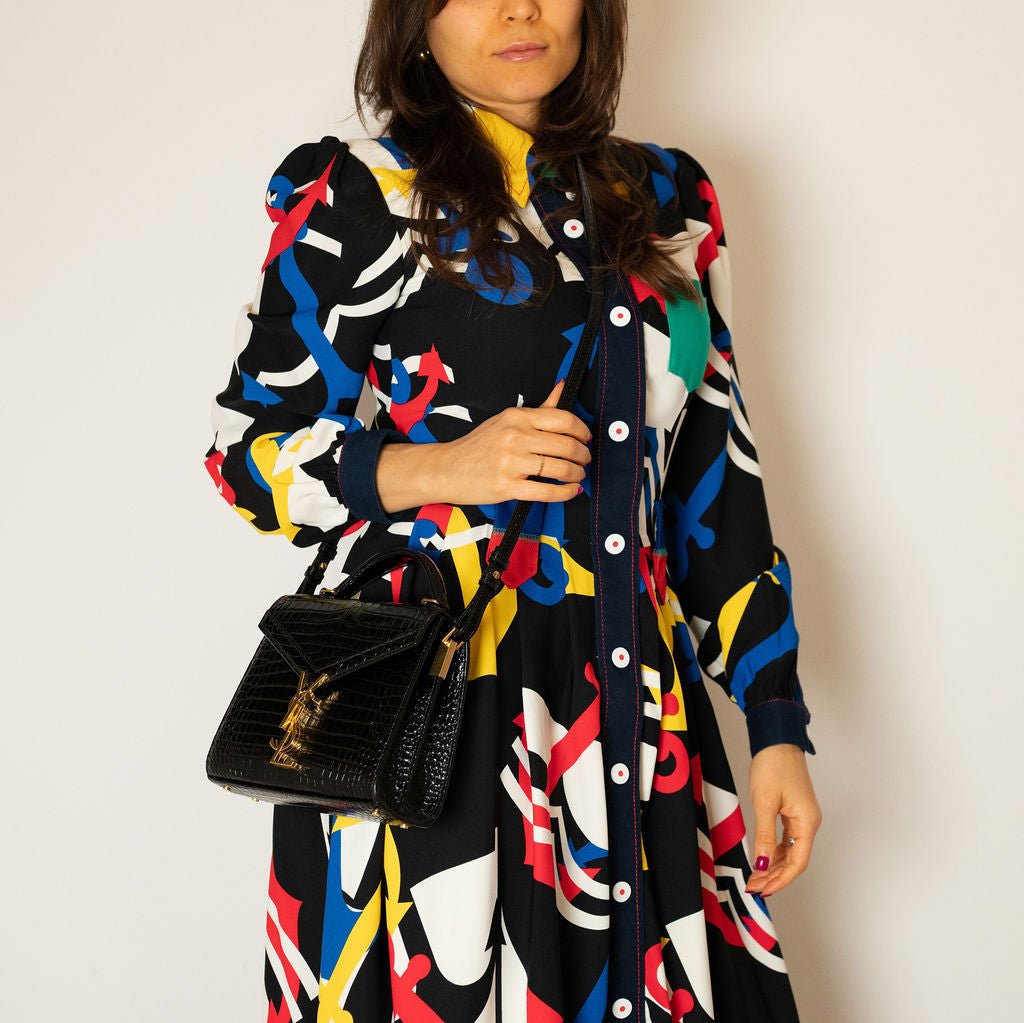 Second hand Saint Laurent Cassandre Mini Leather Moc Croc Top - handle Handbag Black - Tabita Bags