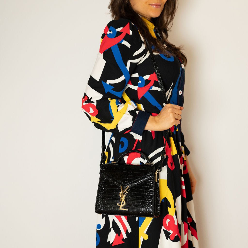 Second hand Saint Laurent Cassandre Mini Leather Moc Croc Top - handle Handbag Black - Tabita Bags