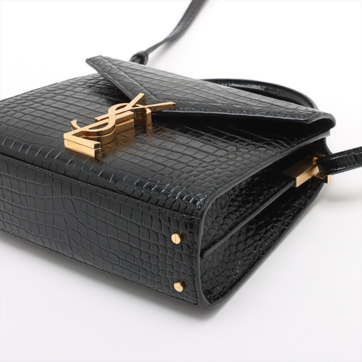 Second hand Saint Laurent Cassandre Mini Leather Moc Croc Top - handle Handbag Black - Tabita Bags