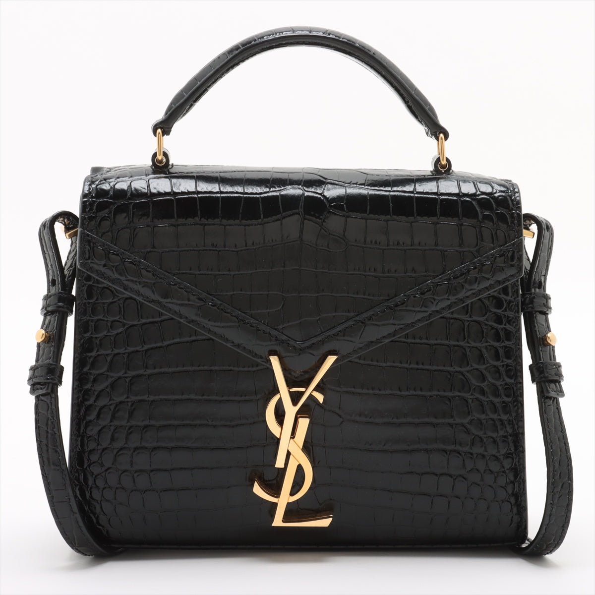 Second hand Saint Laurent Cassandre Mini Leather Moc Croc Top - handle Handbag Black - Tabita Bags