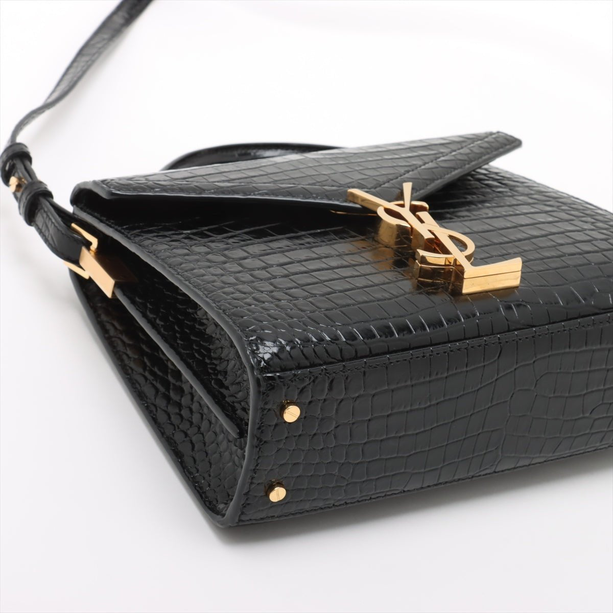 Second hand Saint Laurent Cassandre Mini Leather Moc Croc Top - handle Handbag Black - Tabita Bags