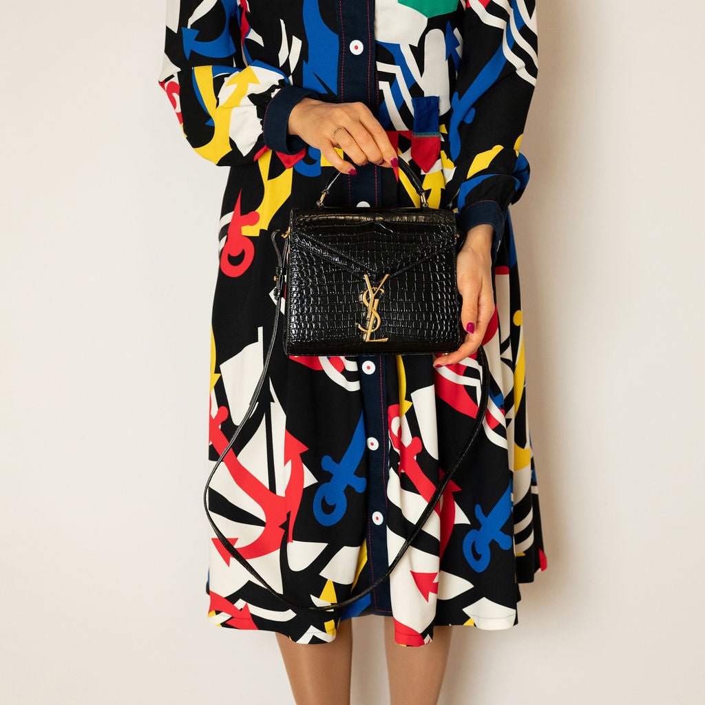 Second hand Saint Laurent Cassandre Mini Leather Moc Croc Top - handle Handbag Black - Tabita Bags