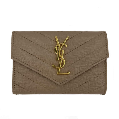 Second hand Saint Laurent Cassandre Small Chevron Quilted Lambskin Leather FLA Wallet Dusty Grey - Tabita Bags