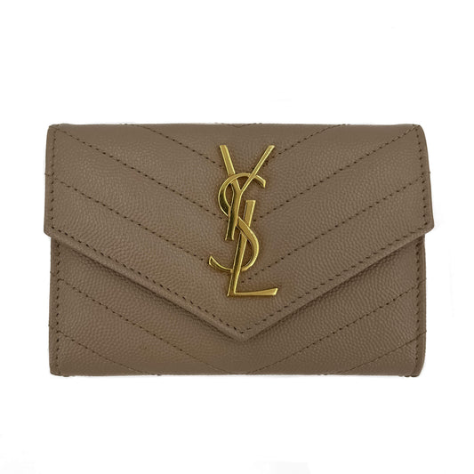 Second hand Saint Laurent Cassandre Small Chevron Quilted Lambskin Leather FLA Wallet Dusty Grey - Tabita Bags