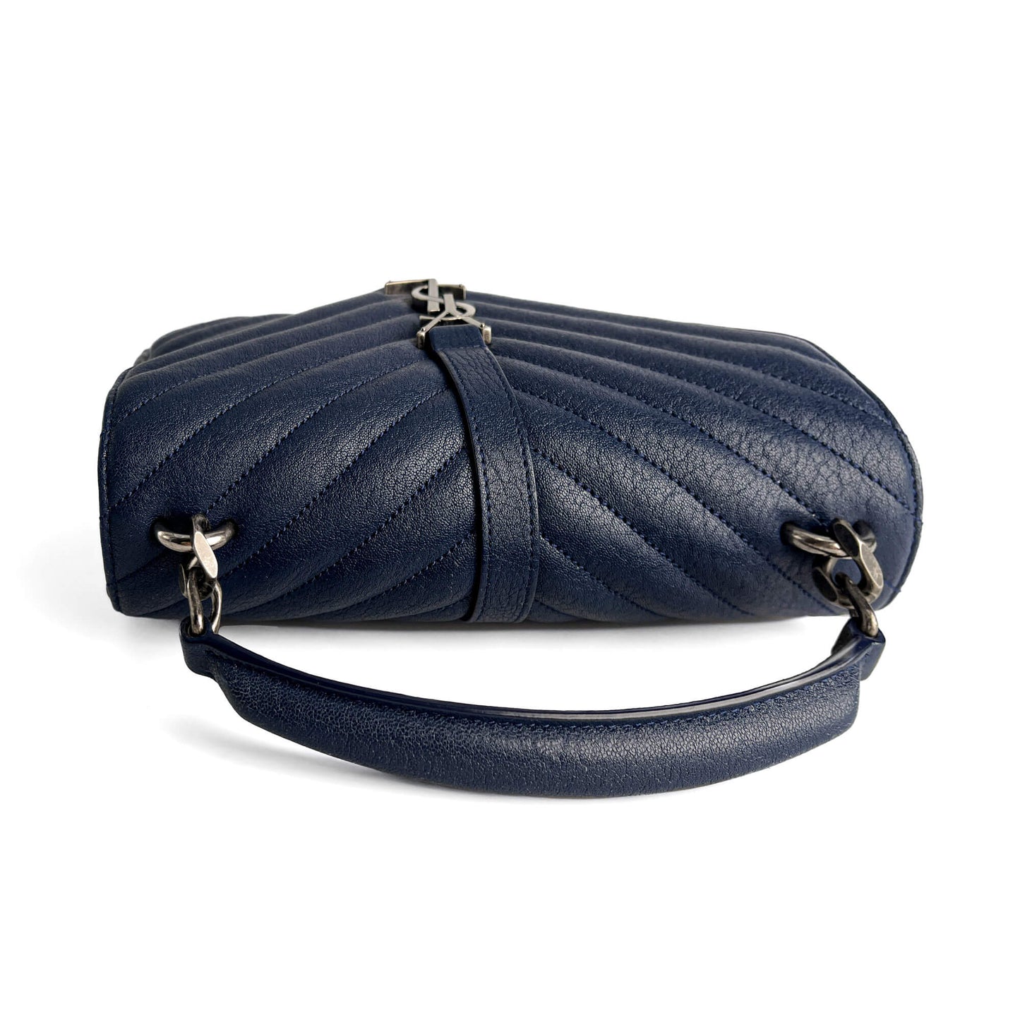 Second hand Saint Laurent College Medium Chevron Quilted Leather 2 - Ways Envelope Bag Navy - Tabita Bags