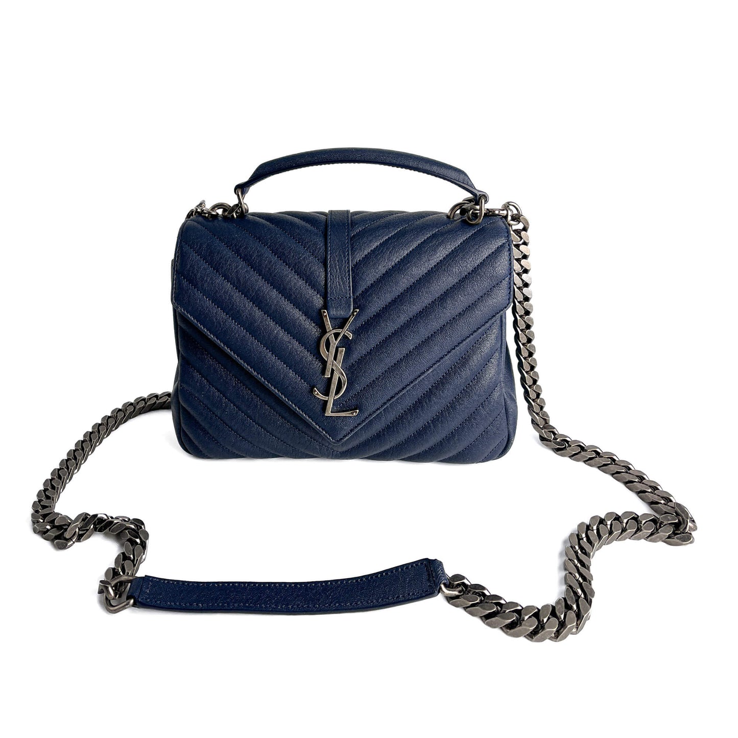 Second hand Saint Laurent College Medium Chevron Quilted Leather 2 - Ways Envelope Bag Navy - Tabita Bags