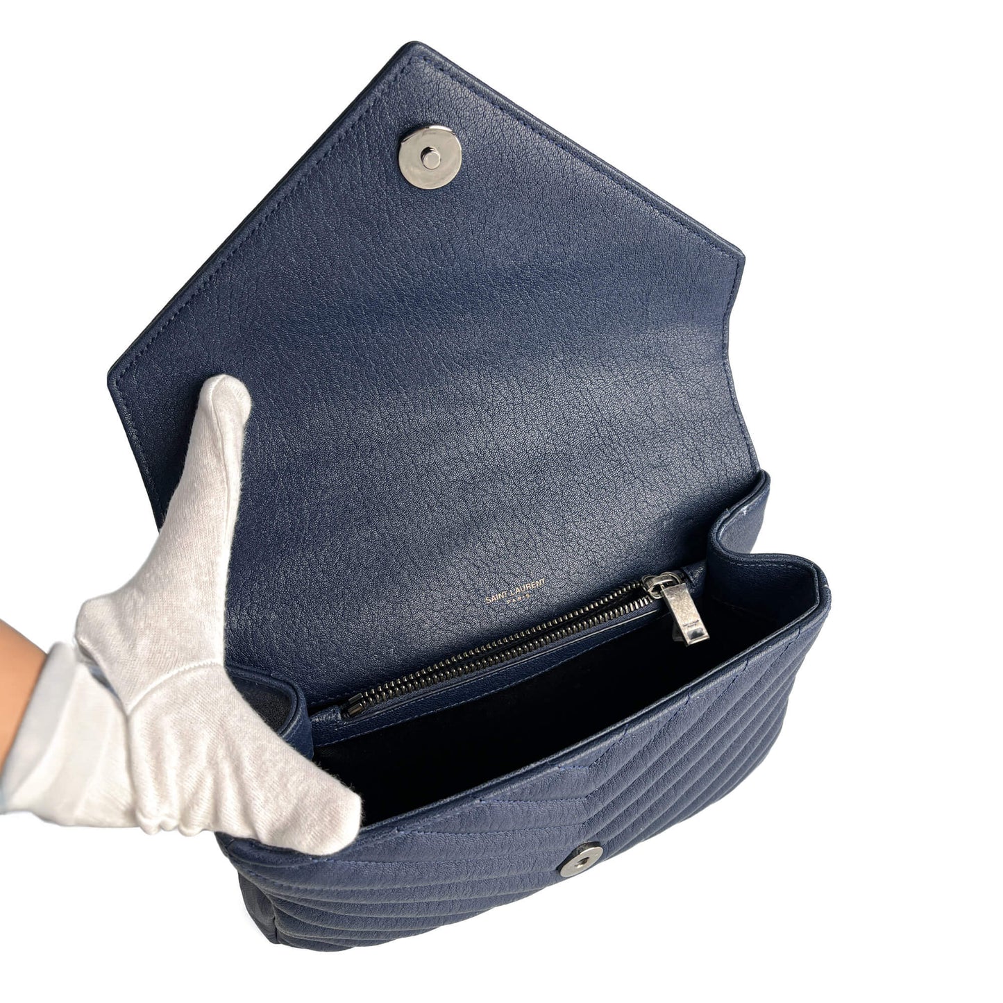 Second hand Saint Laurent College Medium Chevron Quilted Leather 2 - Ways Envelope Bag Navy - Tabita Bags