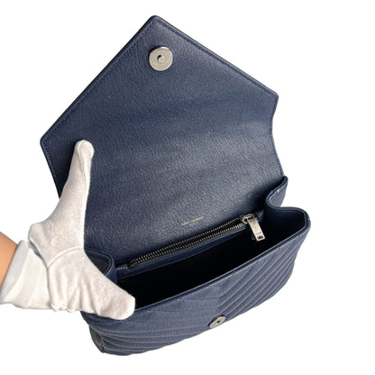 Second hand Saint Laurent College Medium Chevron Quilted Leather 2 - Ways Envelope Bag Navy - Tabita Bags