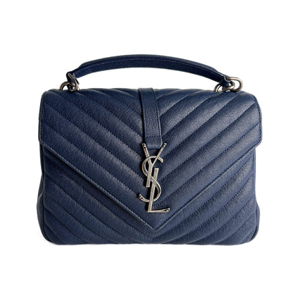 Second hand Saint Laurent College Medium Chevron Quilted Leather 2 - Ways Envelope Bag Navy - Tabita Bags