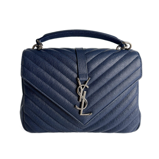 Second hand Saint Laurent College Medium Chevron Quilted Leather 2 - Ways Envelope Bag Navy - Tabita Bags