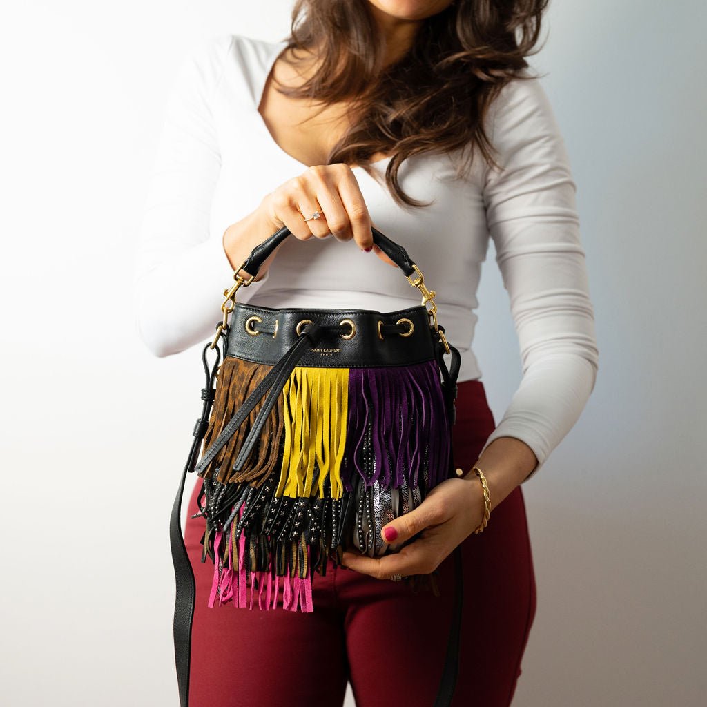 Second hand Saint Laurent Emmanuelle Bag Small Leather Fringe Bucket Crossbody Multicolour - Tabita Bags