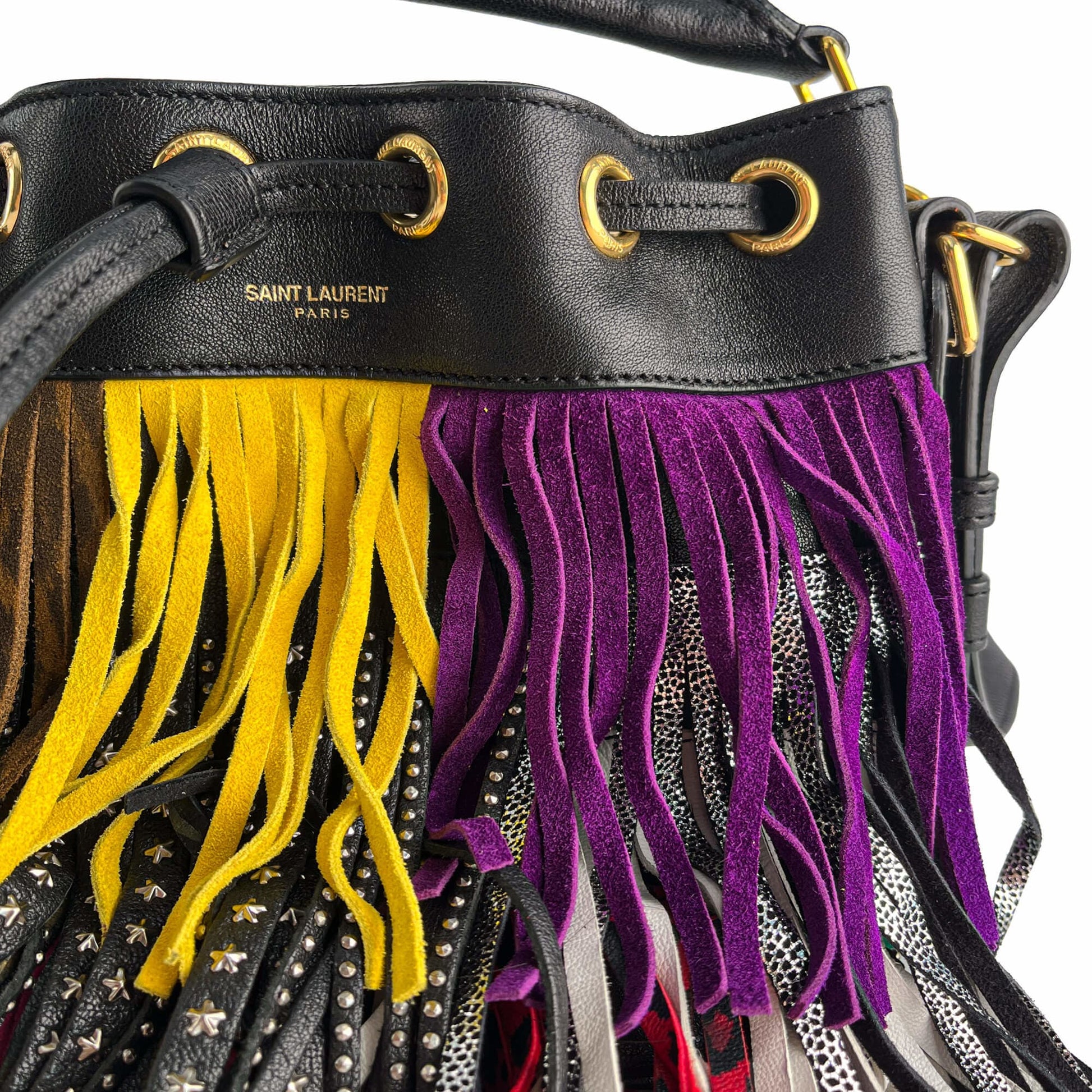 Second hand Saint Laurent Emmanuelle Bag Small Leather Fringe Bucket Crossbody Multicolour - Tabita Bags