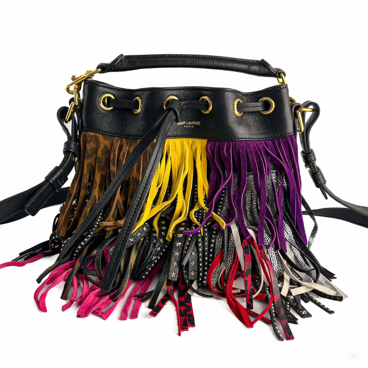Second hand Saint Laurent Emmanuelle Bag Small Leather Fringe Bucket Crossbody Multicolour - Tabita Bags