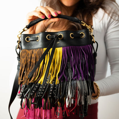 Second hand Saint Laurent Emmanuelle Bag Small Leather Fringe Bucket Crossbody Multicolour - Tabita Bags