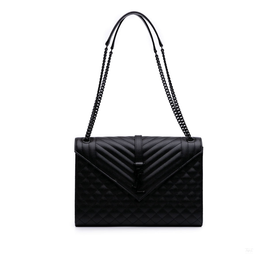 Second hand Saint Laurent Envelope Large Embossed Grained Leather 2 - Ways Envelope Bag Black - Tabita Bags