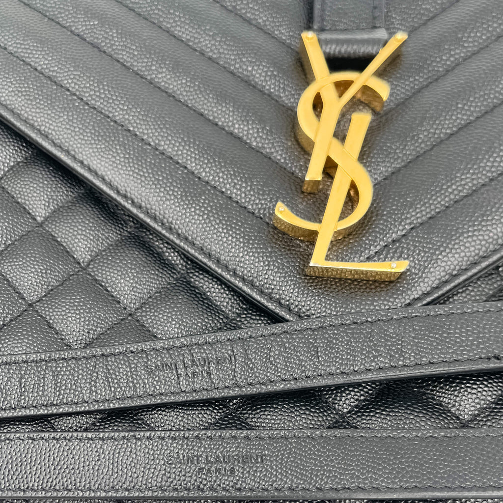 Second hand Saint Laurent Envelope Large Embossed Grained Leather 2 - Ways Envelope Bag Black - Tabita Bags