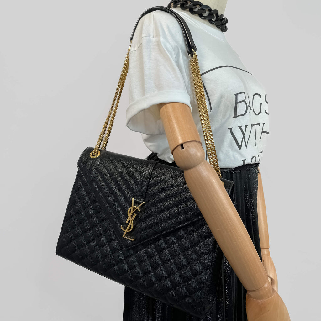 Second hand Saint Laurent Envelope Large Embossed Grained Leather 2 - Ways Envelope Bag Black - Tabita Bags