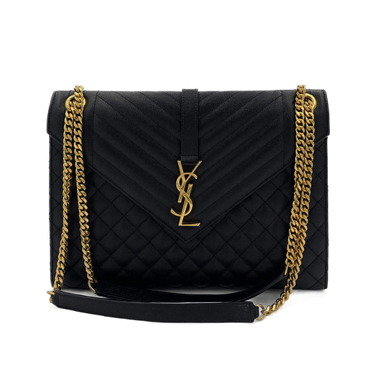 Second hand Saint Laurent Envelope Large Embossed Grained Leather 2 - Ways Envelope Bag Black - Tabita Bags