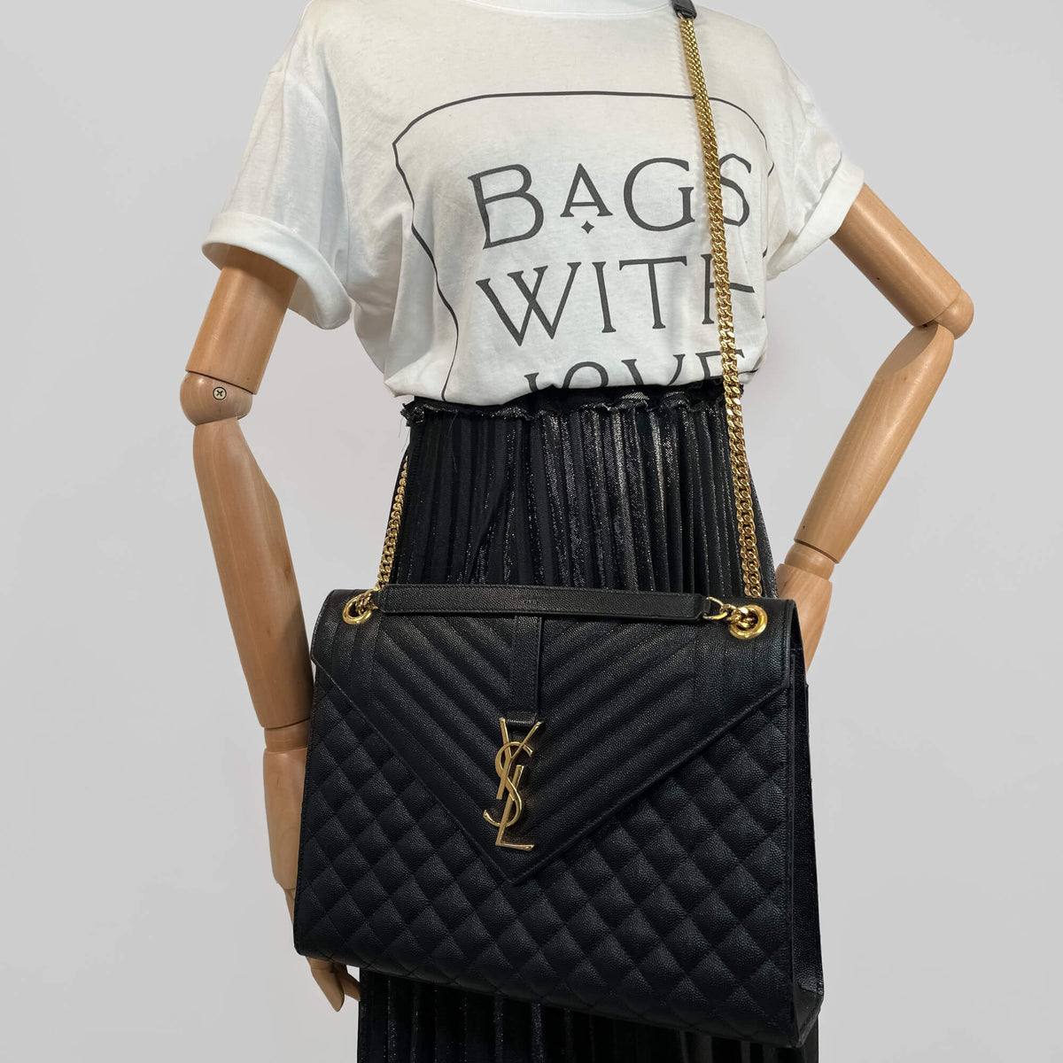 Second hand Saint Laurent Envelope Large Embossed Grained Leather 2 - Ways Envelope Bag Black - Tabita Bags